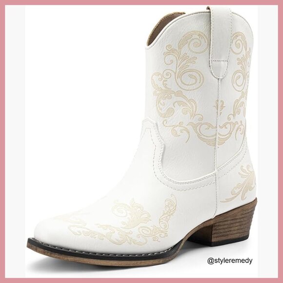 Shoes - Faux Leather Western Ankle Boots with Chunky Heel and Square Toe